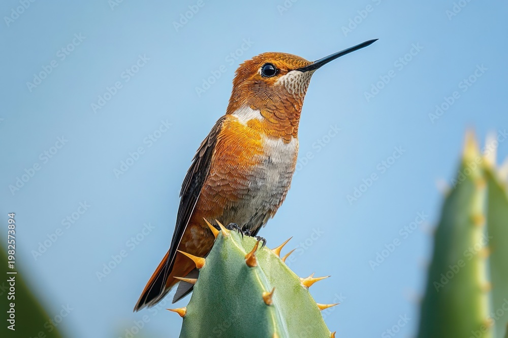 Fototapeta premium alert orange hummingbird perched on spiny cactus pad against soft blue sky