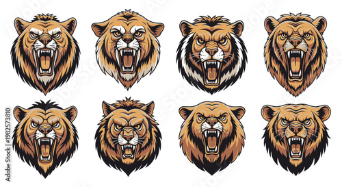 Collection of Roaring Lion Heads Illustration.
