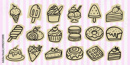 Hand drawn dessert doodle icon set featuring ice cream, cake, and sweets. Perfect for scrapbook elements, stickers, apparel design, and cafe branding