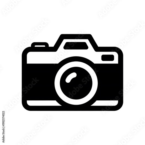 A solid black icon depicting a professional DSLR camera with a large lens.