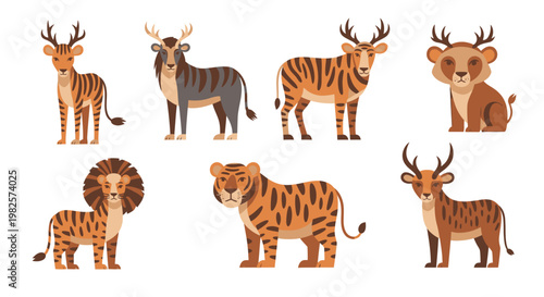 Collection of various wild animals standing.
