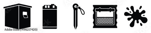 Collection of simple black glyph icons including a small shed, portable battery, sewing needle, event ticket, and ink splash for various graphic design projects and digital presentations