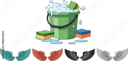 Cleaning bucket with soap foam sponges and water splash along with decorative wings icons set vector illustration