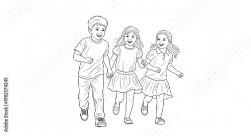 Three happy children running together in a playful outdoor scene.