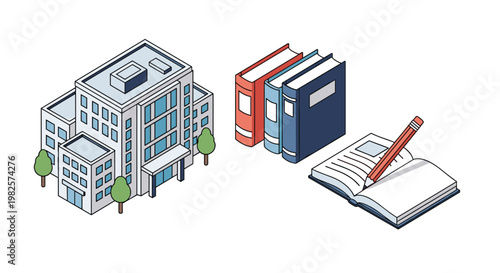 Higher education and university study concept featuring an academic building, a stack of books, and an open notebook with a pencil for note taking.