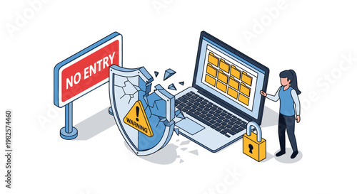Cyber attack and data security breach concept showing a woman by a laptop with a broken shield, a warning icon, and a no entry road sign.