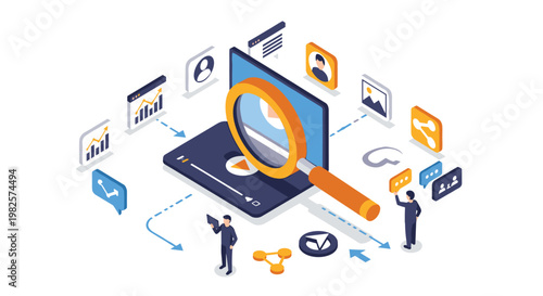 Video content analysis and social media marketing search concept featuring a magnifying glass over a media player on a tablet with user icons.