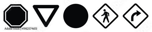 Collection of essential traffic regulatory and warning signs including stop, yield, pedestrian crossing, and turn symbols for transportation and safety applications