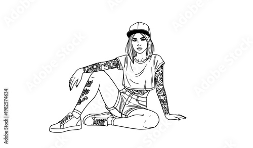 Trendy tattoo girl monochrome sketch sitting pose flat vector illustration isolated on white background urban Chicano style portrait