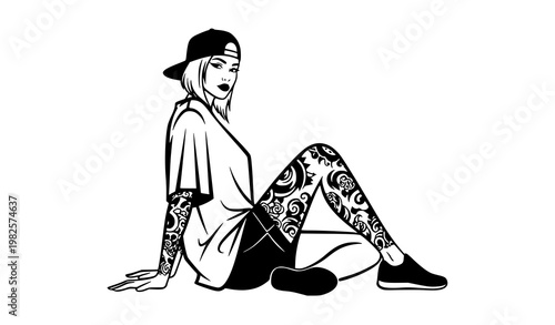 Urban tattoo woman side pose monochrome vector illustration isolated on white background Chicano culture fashion portrait design