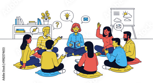 Diverse group of people sitting in circle.