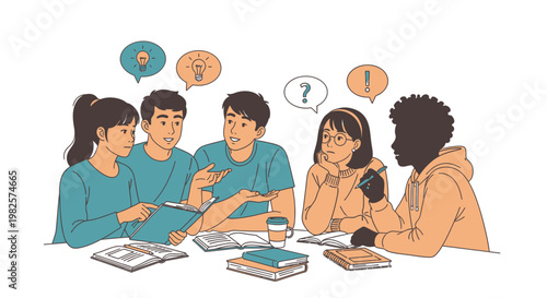 Diverse group of young adults studying.