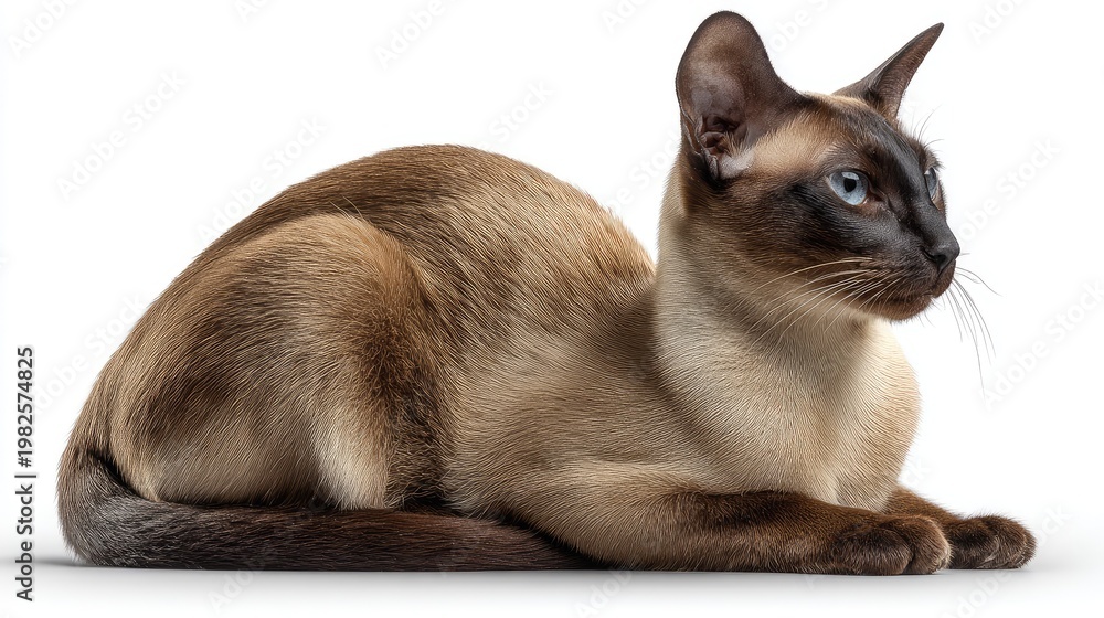 Obraz premium Elegant Siamese Cat Relaxing in a Graceful Pose with Striking Blue Eyes and Smooth Coat Showcasing Its Unique Features and Distinctive Appearance
