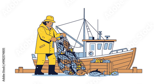 Fisherman in yellow gear working boat.