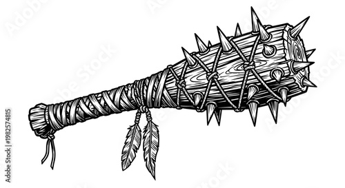 Flail with spikes and feathers attached.