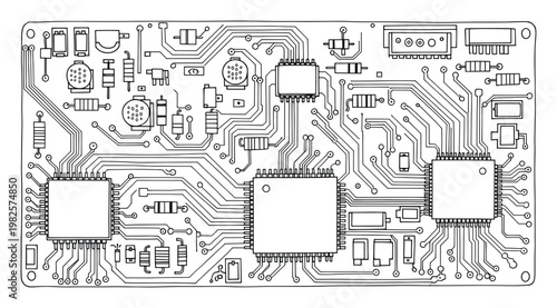 Detailed hand drawn blueprint showcasing a complex electronic circuit board with multiple integrated circuits and interconnected components for technology engineering education and