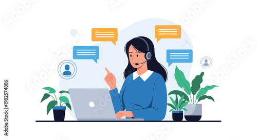 Friendly female customer support agent with a headset works on a laptop to assist clients via chat in this flat vector illustration.