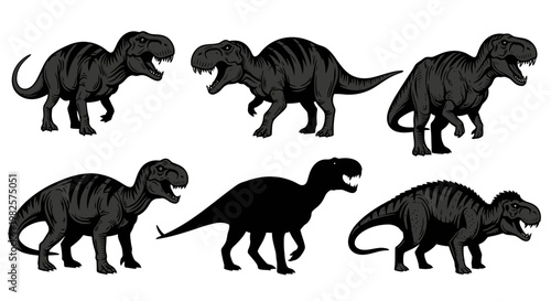 Group of black dinosaur silhouettes walking.