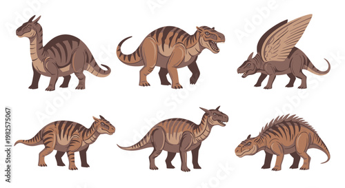 Group of brown dinosaur illustrations standing.