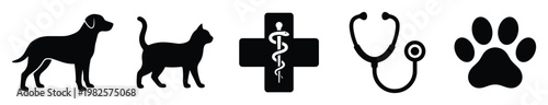 Veterinary medical symbols set with dog cat caduceus stethoscope and paw print representing pet healthcare and animal welfare for clinic branding and educational materials