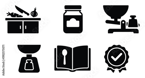 Comprehensive collection of cooking and food preparation icons featuring kitchen tools, ingredients, scales, recipe book, and quality assurance symbol for culinary projects and educational