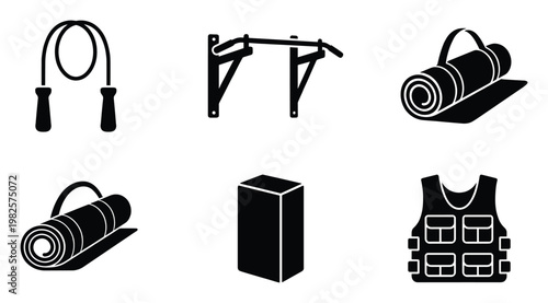Comprehensive collection of essential fitness equipment icons including jump rope pull up bar mat plyo box and weighted vest for gym and home workout graphic needs