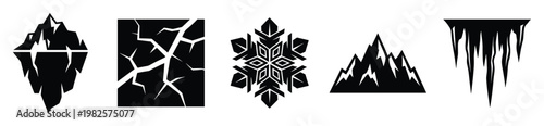 Essential black and white cold weather icons featuring a formidable iceberg, intricate cracked ice, symmetrical snowflake, majestic mountain, and sharp icicles suitable for various winter