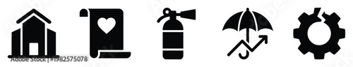 Versatile black silhouette icons representing property, fire, life, and financial security with risk management, suitable for insurance industry visuals and financial service applications.