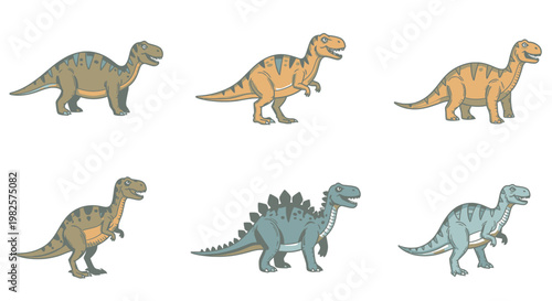 Group of cartoon dinosaur toys standing.
