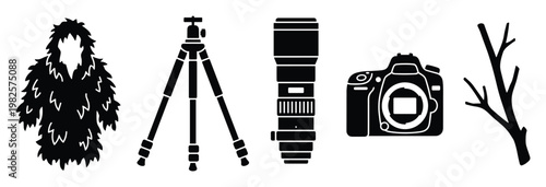 Essential wildlife photography gear collection featuring ghillie suit, tripod, camera, and long lens, ideal for outdoor enthusiasts, nature observation, and educational materials.