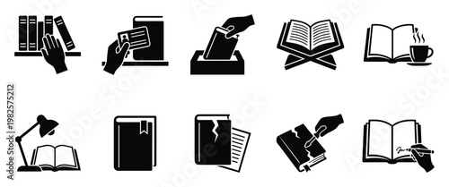 A versatile collection of detailed black and white glyphs representing various book related activities like reading, studying, library services, and book maintenance, perfect for