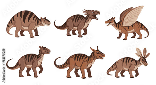 Group of six brown dinosaurs standing.