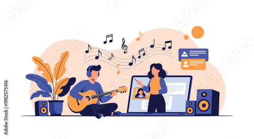 Online music education lesson with a young man playing guitar while a teacher provides instructions from a laptop screen in flat.