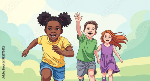 Three Diverse Children Running Joyfully Outdoors.