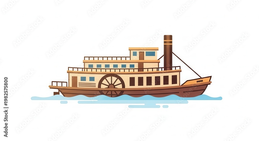 Naklejka premium Vintage Steamboat Flat Design Illustration for River Cruising and Historical Water Transport