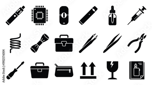 Versatile collection of electronic vaping devices components maintenance tools liquid containers and packaging symbols ideal for product manuals digital marketing and instructional guides.