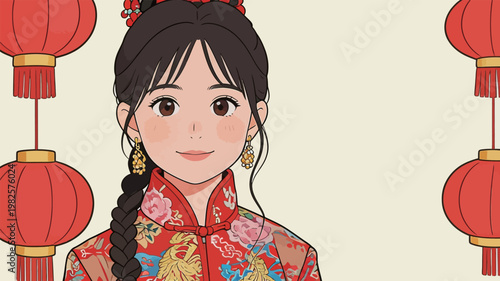 Chinese Girl in Traditional Dress with Lanterns
