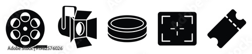 Collection of essential cinema equipment icons including film reel, spotlight, camera lens, viewfinder, and movie ticket for film production and entertainment media applications
