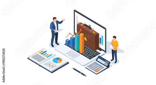 Business financial analysis and corporate growth concept with a laptop, briefcase, charts, and a calculator in isometric style.