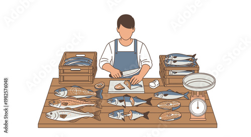 Man preparing fish on wooden table.