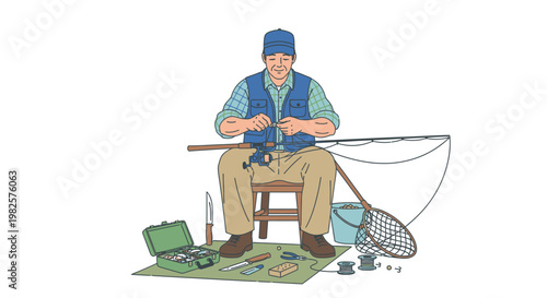 Man Sitting with Fishing Rod Gear.