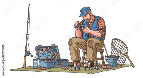 Man sitting and fixing fishing rod.