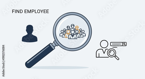 Conceptual illustration of finding an employee using a magnifying glass.