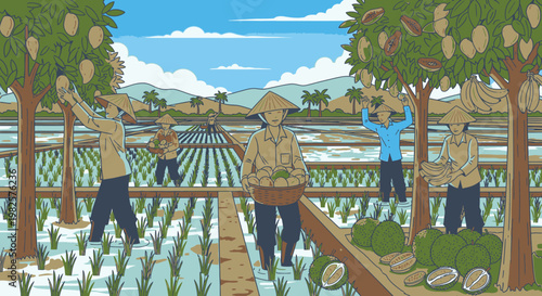 Men working in fruit farm fields.