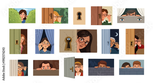 Set of cartoon characters peeking from doors and windows.