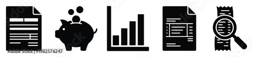 Financial icons set featuring documents, a piggy bank for savings, a bar chart for data analysis, and a magnifying glass over a receipt, useful for financerelated applications and business