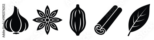 Versatile monochrome glyphs of various culinary spices and herbs including garlic, star anise, cardamom, cinnamon, and bay leaf perfect for cooking recipe guides and food related