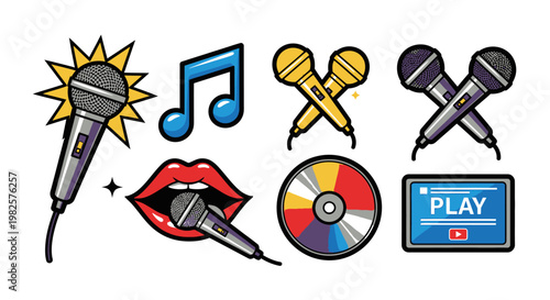 Microphones and music symbols icons set.