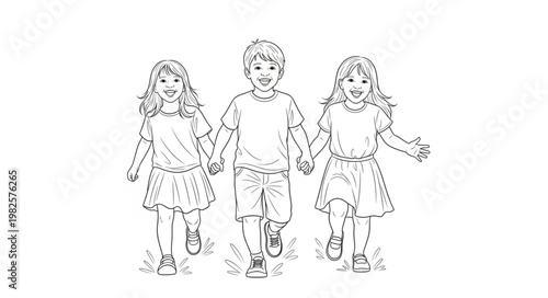 Three happy children holding hands and walking together in a park.