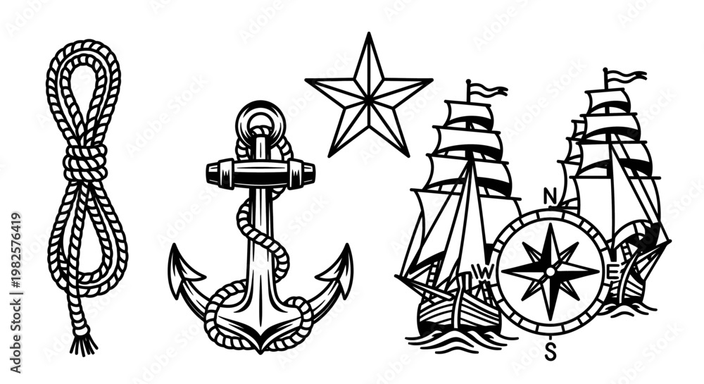 Naklejka premium Nautical icons including anchor rope star.